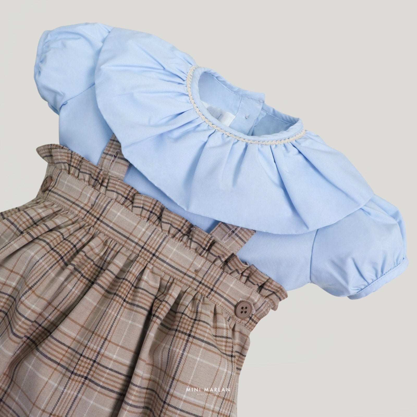 Edgar Girl Set – Ruffle Blouse and Tartan Bloomers Overall