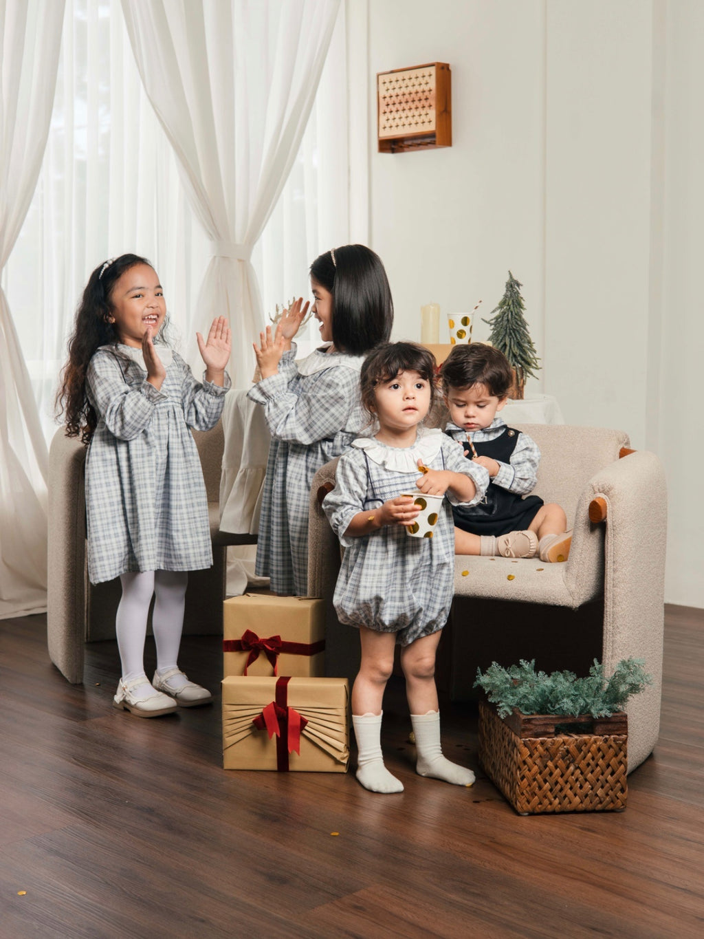 Asher Plaid Grey Baby Girl Romper – Cotton Embroidered Holiday Romper