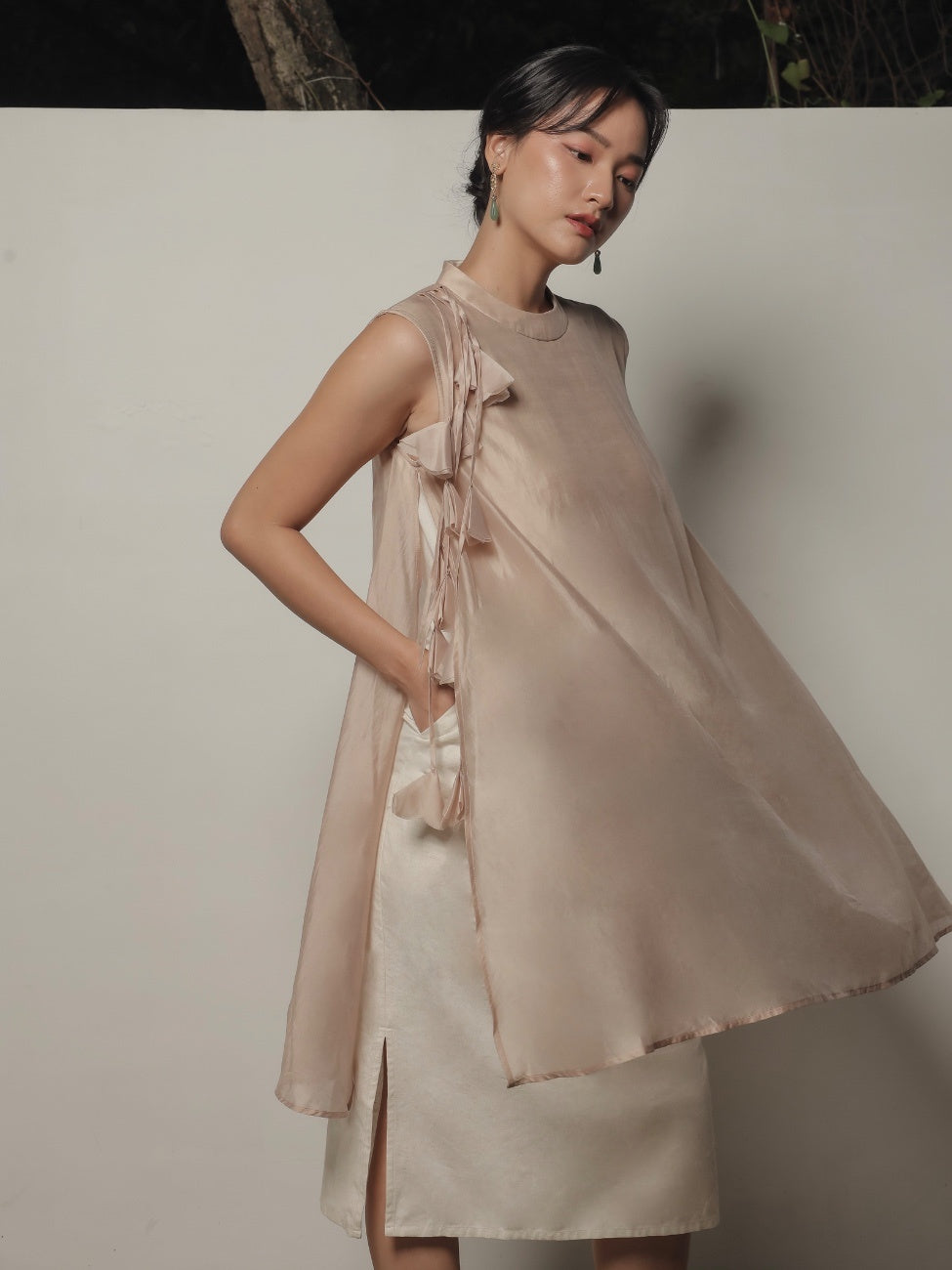 Luna Woman Midi Dress – Nude Layered Lyocell Blend Dress with Linen Inner