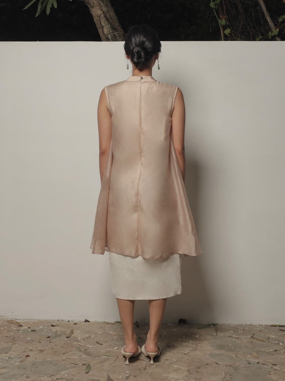 Luna Woman Midi Dress – Nude Layered Lyocell Blend Dress with Linen Inner
