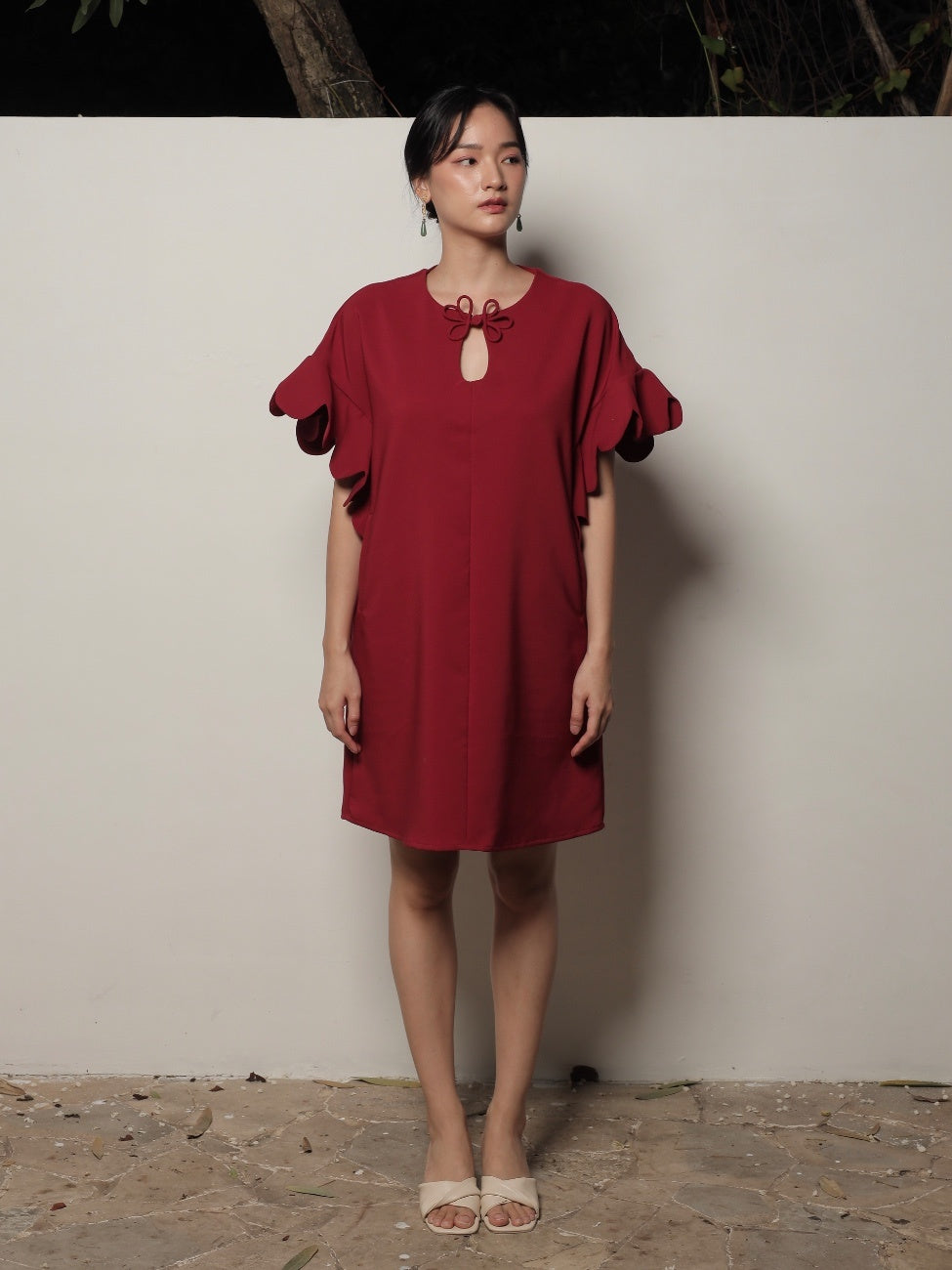 Tulips Woman Mini Dress – Maroon Red Cotton Blend Mini Dress