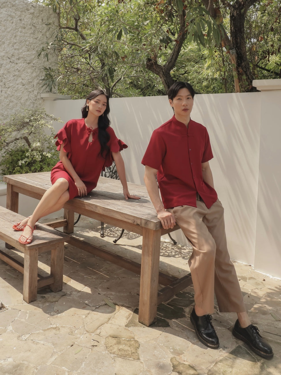 Tulips Man Cheongsam Top – Maroon Red Semiwool Mandarin Collar Shirt