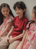 Tulips Boy Cheongsam Top – Maroon Red Cotton Blend Mandarin Collar Top