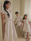 Verena Girl Dress – Broken White Cotton Dress with Peach Pink Bird Pattern