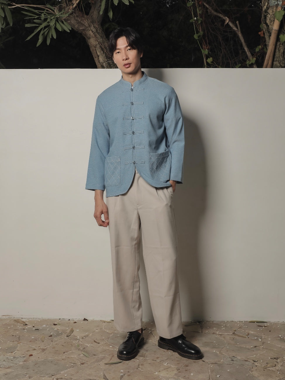 Jill Denim Man Cheongsam Top – Light Blue Denim Mandarin Collar Shirt
