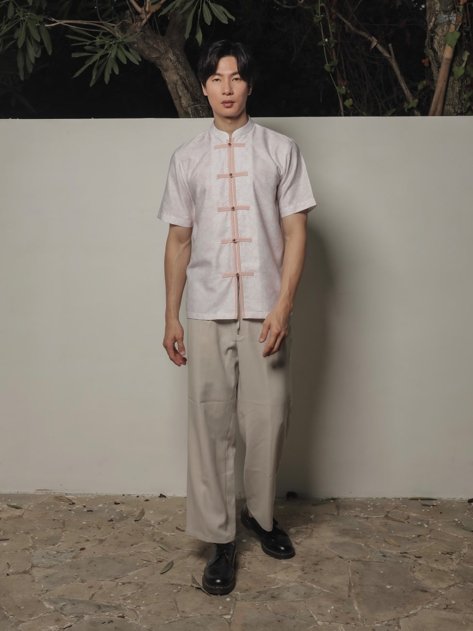 Verena Man Cheongsam Top – Off White Cotton Print with Peach Bird Motif