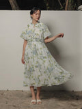 Jill Woman Floral Midi Dress – Sheer Crinkle Blue Floral Dress with Adjustable Waist