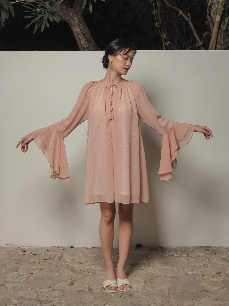 Quinn Woman Mini Dress – Dusty Pink Sheer Crinkle Mini Dress with Subtle Glitter