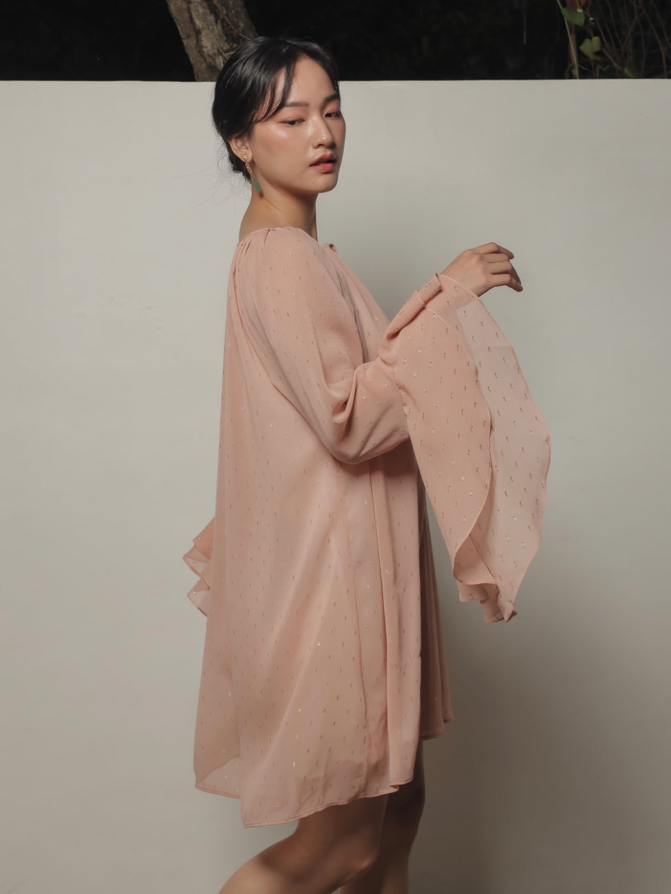Quinn Woman Mini Dress – Dusty Pink Sheer Crinkle Mini Dress with Subtle Glitter