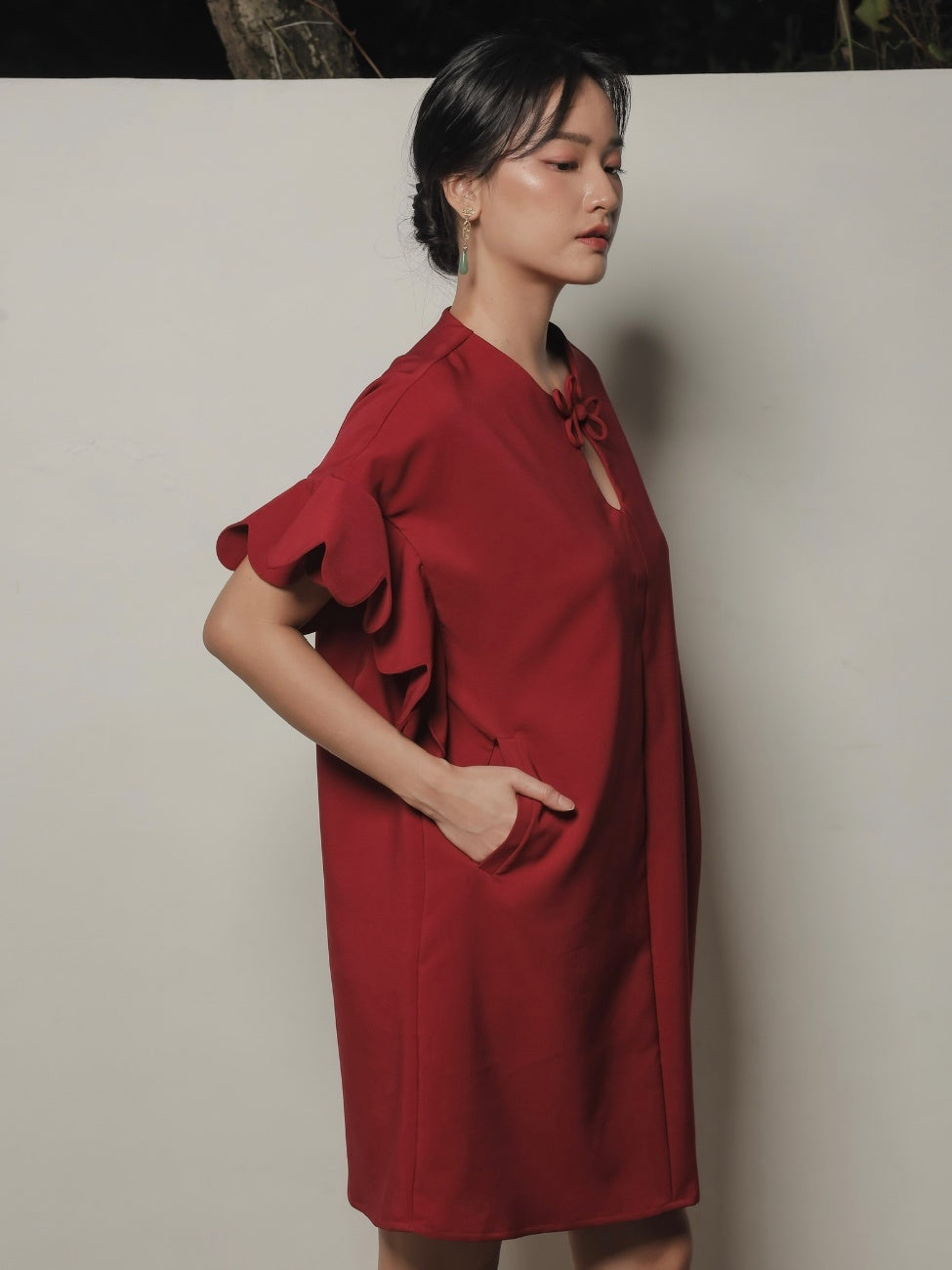 Tulips Woman Mini Dress – Maroon Red Cotton Blend Mini Dress
