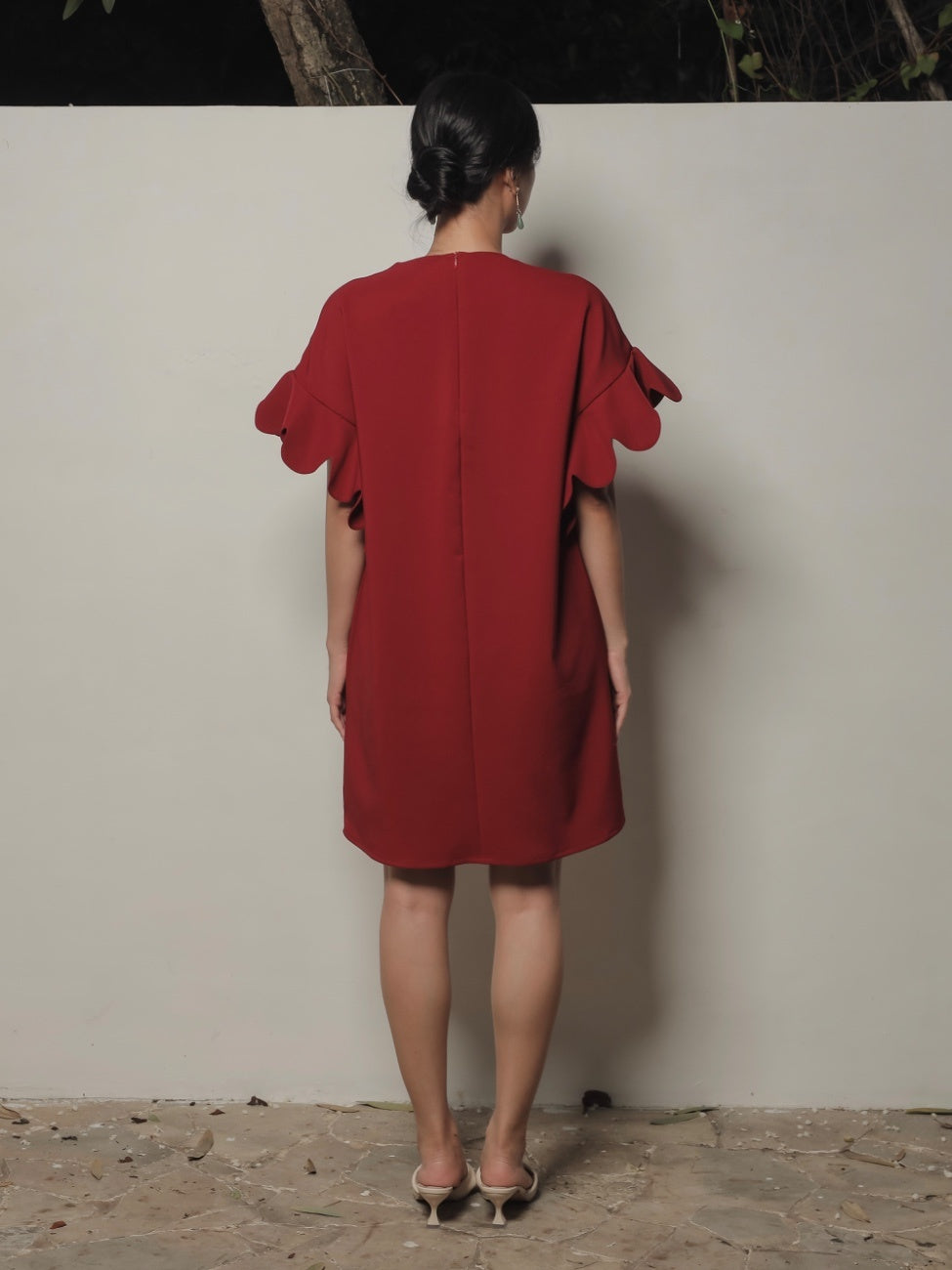 Tulips Woman Mini Dress – Maroon Red Cotton Blend Mini Dress