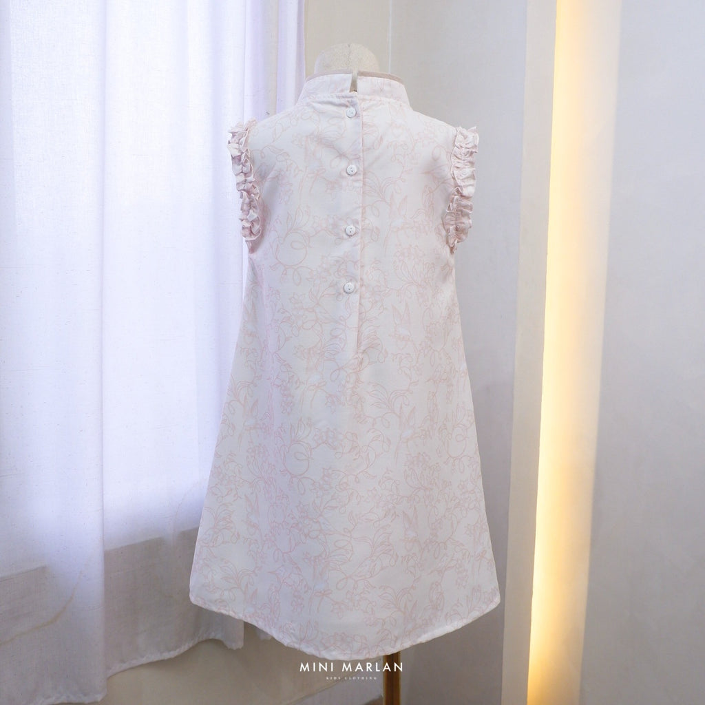 Verena Girl Dress – Broken White Cotton Dress with Peach Pink Bird Pattern