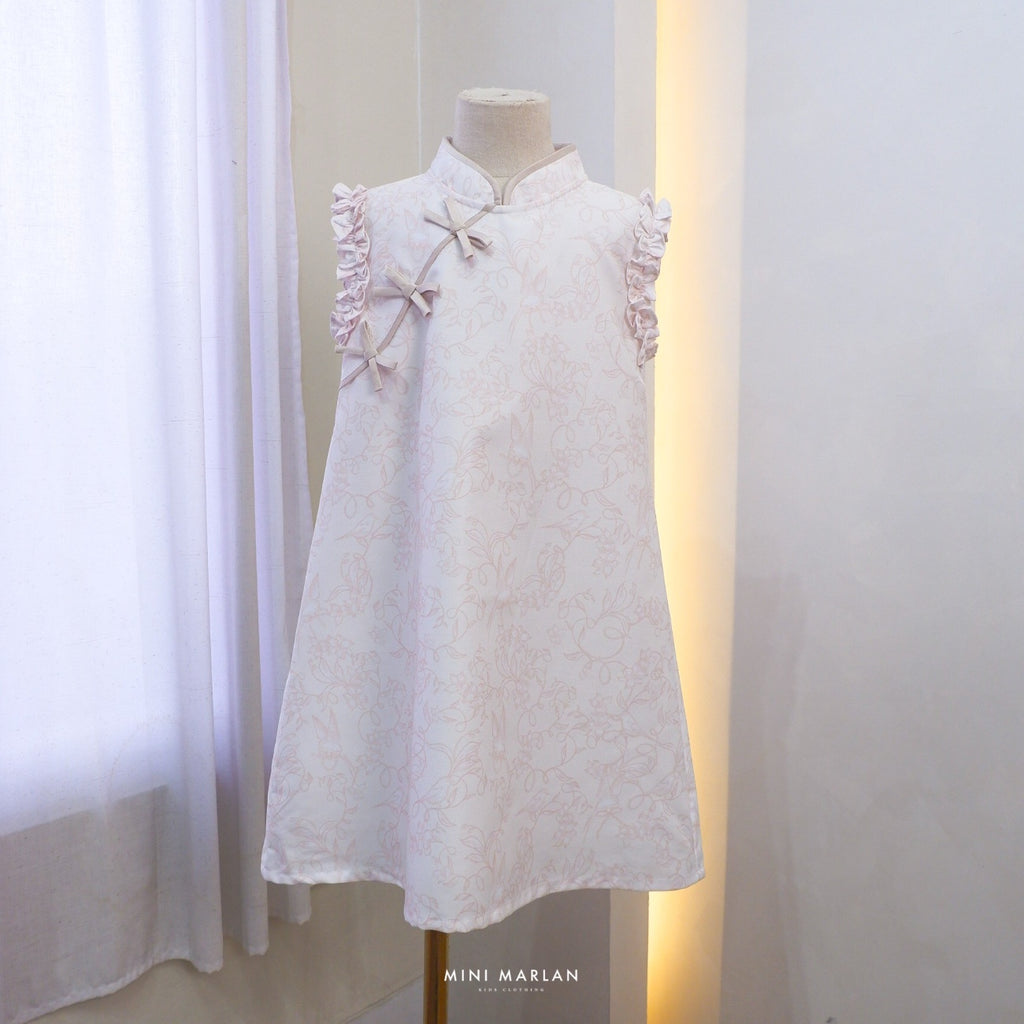 Verena Girl Dress – Broken White Cotton Dress with Peach Pink Bird Pattern