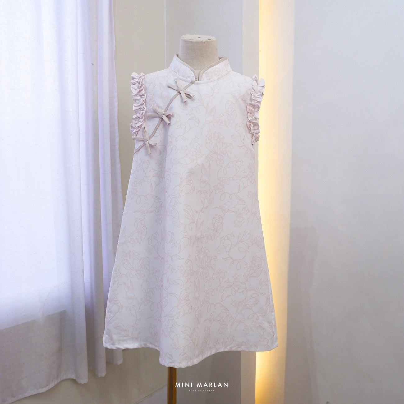 Verena Girl Dress – Broken White Cotton Dress with Peach Pink Bird Pattern