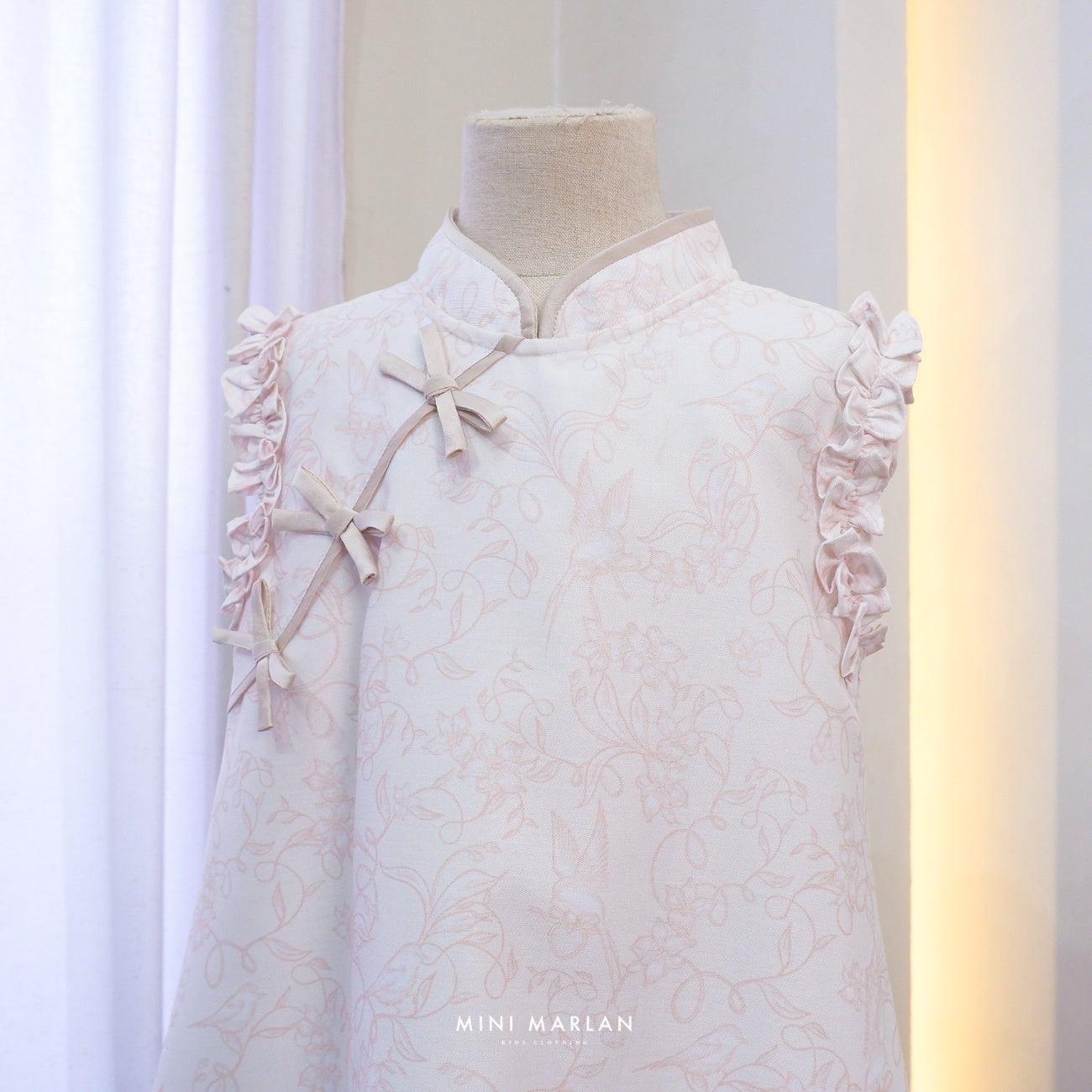 Verena Girl Dress – Broken White Cotton Dress with Peach Pink Bird Pattern