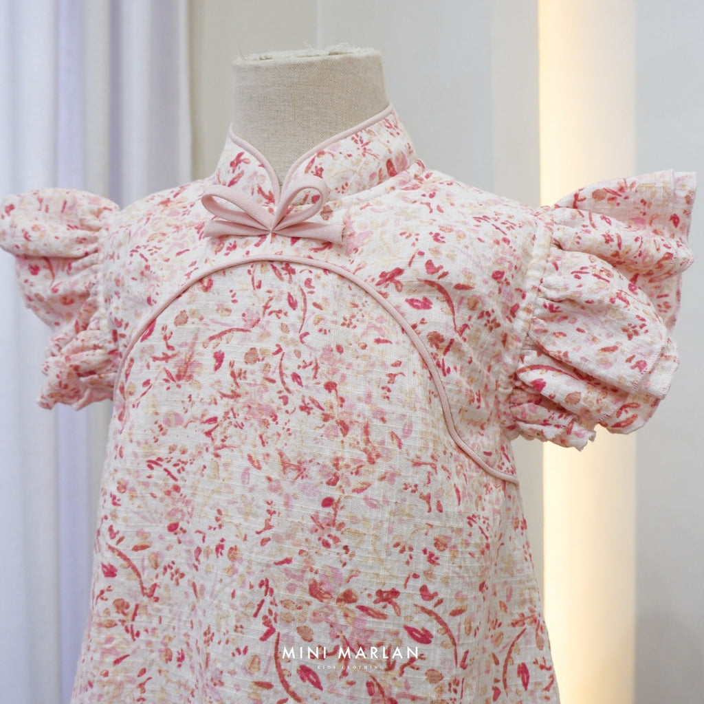 Cherry Blossom Girl Dress – Pink Floral Linen Slub Dress with Cotton Lining