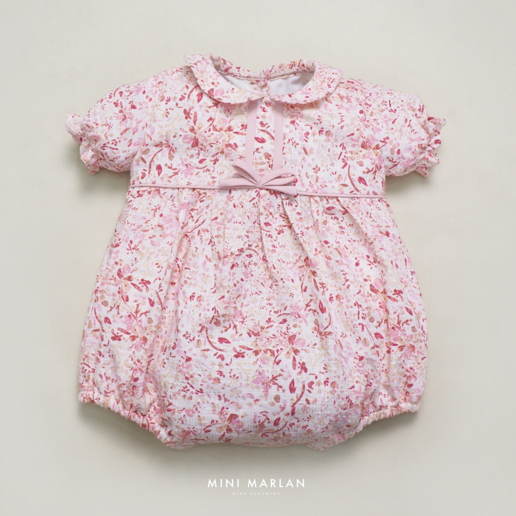 Cherry Blossom Baby Girl Romper – Pink & Red Linen Slub with Cotton Lining
