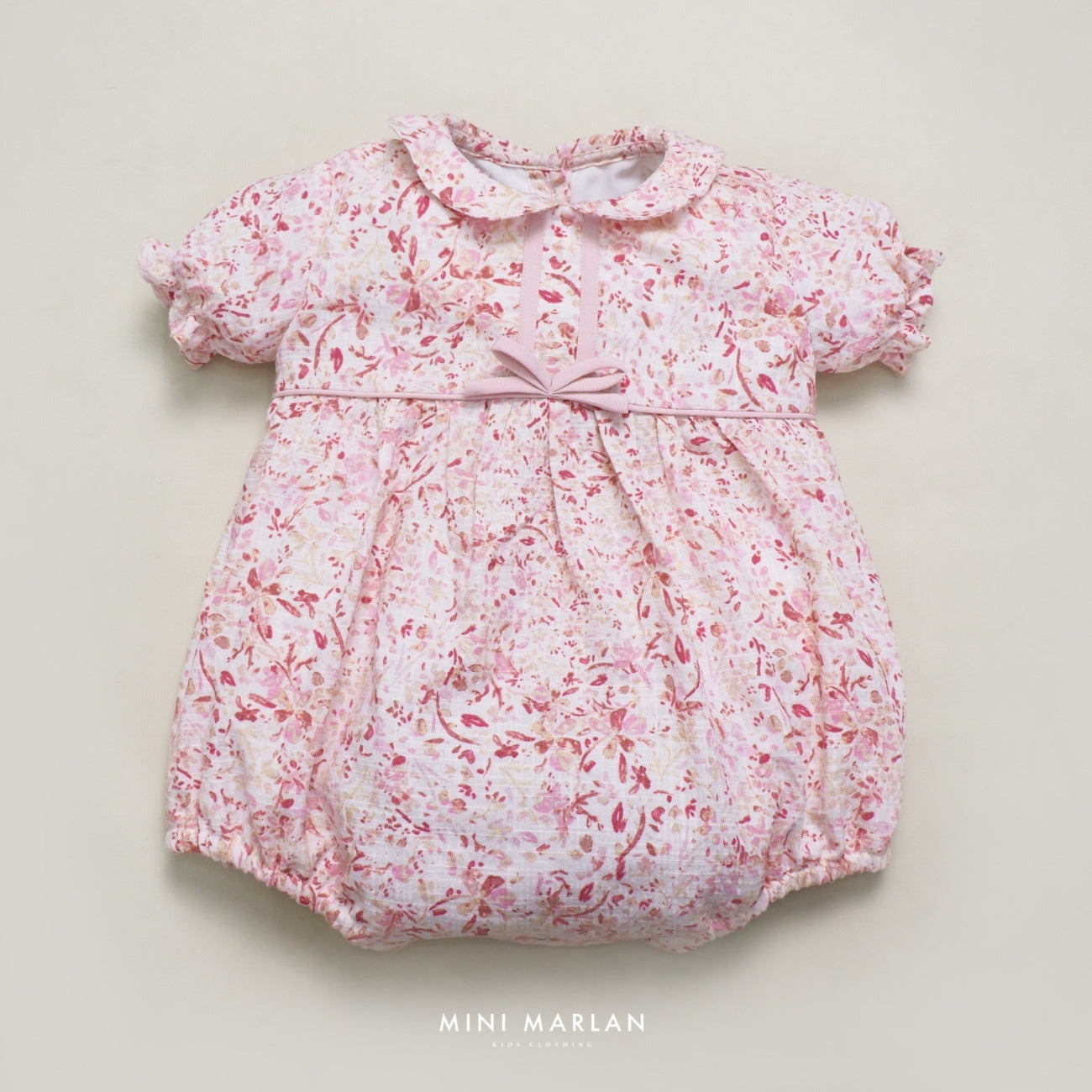 Cherry Blossom Baby Girl Romper – Pink & Red Linen Slub with Cotton Lining