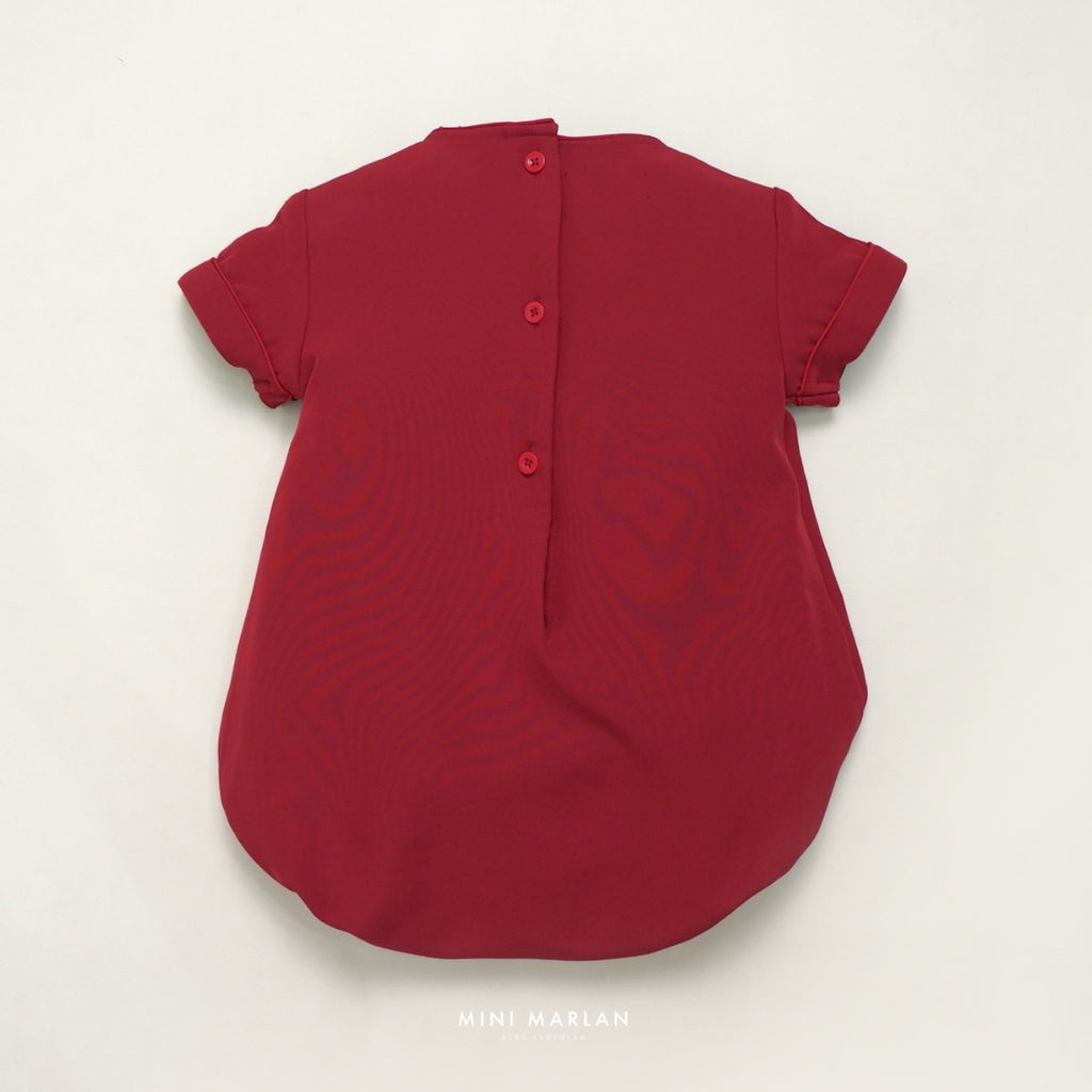 Tulips Qipao Boy Romper – Maroon Red Cotton Blend Baby Romper