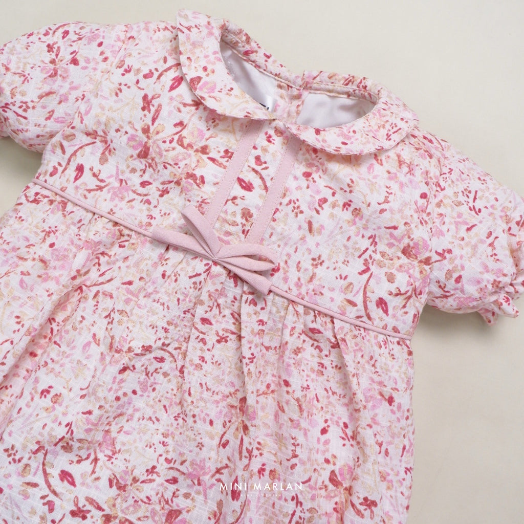 Cherry Blossom Baby Girl Romper – Pink & Red Linen Slub with Cotton Lining