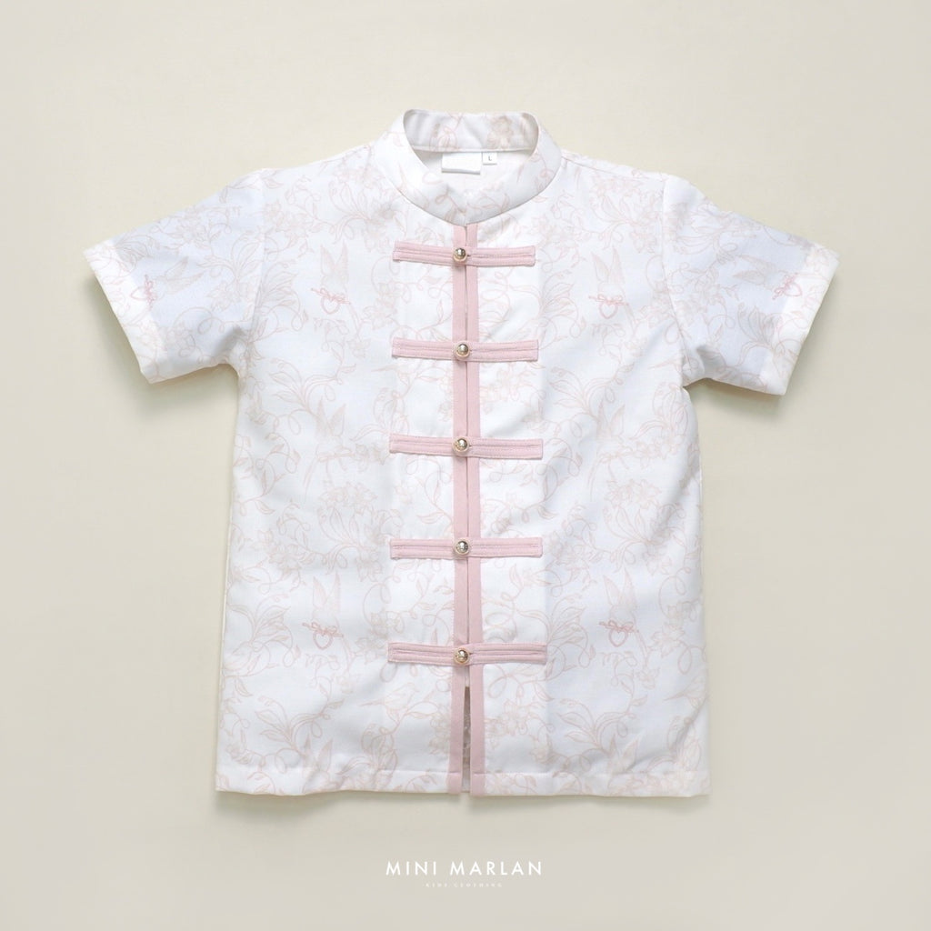 Verena Boy Cheongsam Top – Off White Cotton Print with Peach Bird Motif