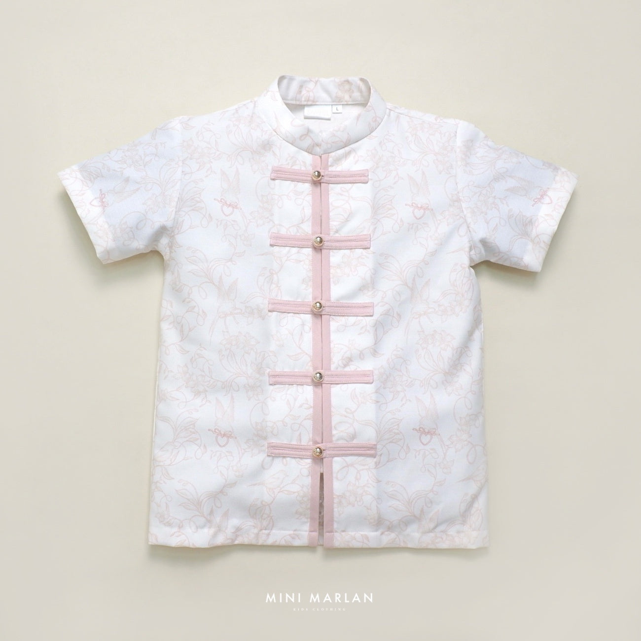 Verena Boy Cheongsam Top – Off White Cotton Print with Peach Bird Motif