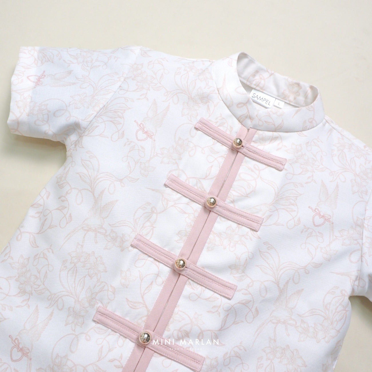 Verena Boy Cheongsam Top – Off White Cotton Print with Peach Bird Motif