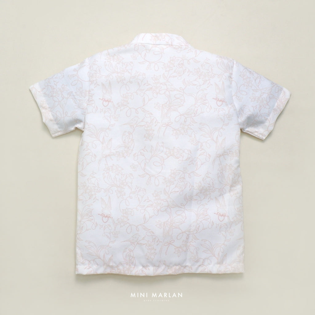 Verena Boy Cheongsam Top – Off White Cotton Print with Peach Bird Motif