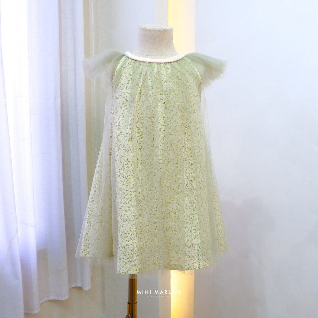 Eden Tulle Girl Dress – Sage Leaf Motif Tulle & Linen Dress
