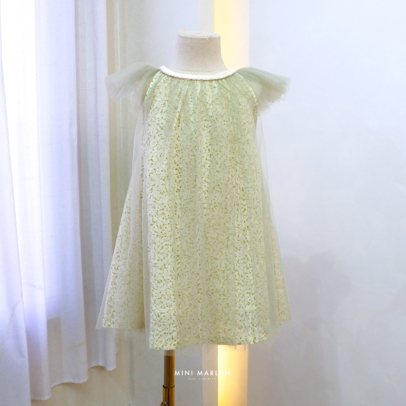 Eden Tulle Girl Dress – Sage Leaf Motif Tulle & Linen Dress
