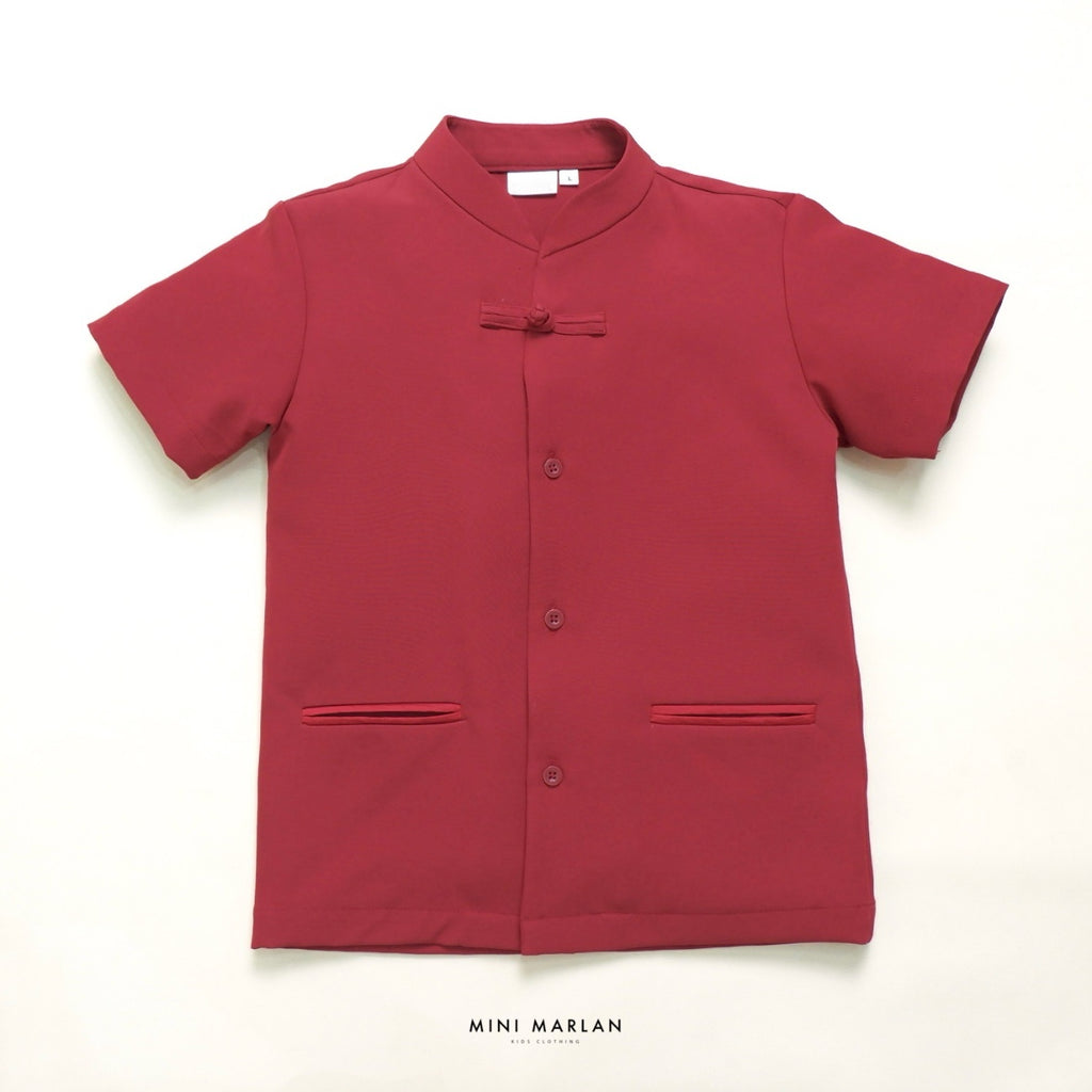Tulips Boy Cheongsam Top – Maroon Red Cotton Blend Mandarin Collar Top