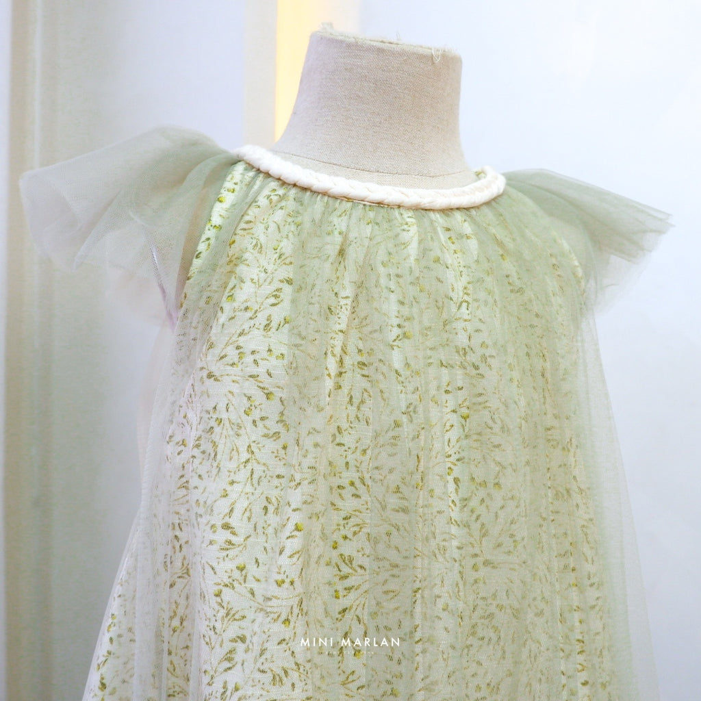 Eden Tulle Girl Dress – Sage Leaf Motif Tulle & Linen Dress