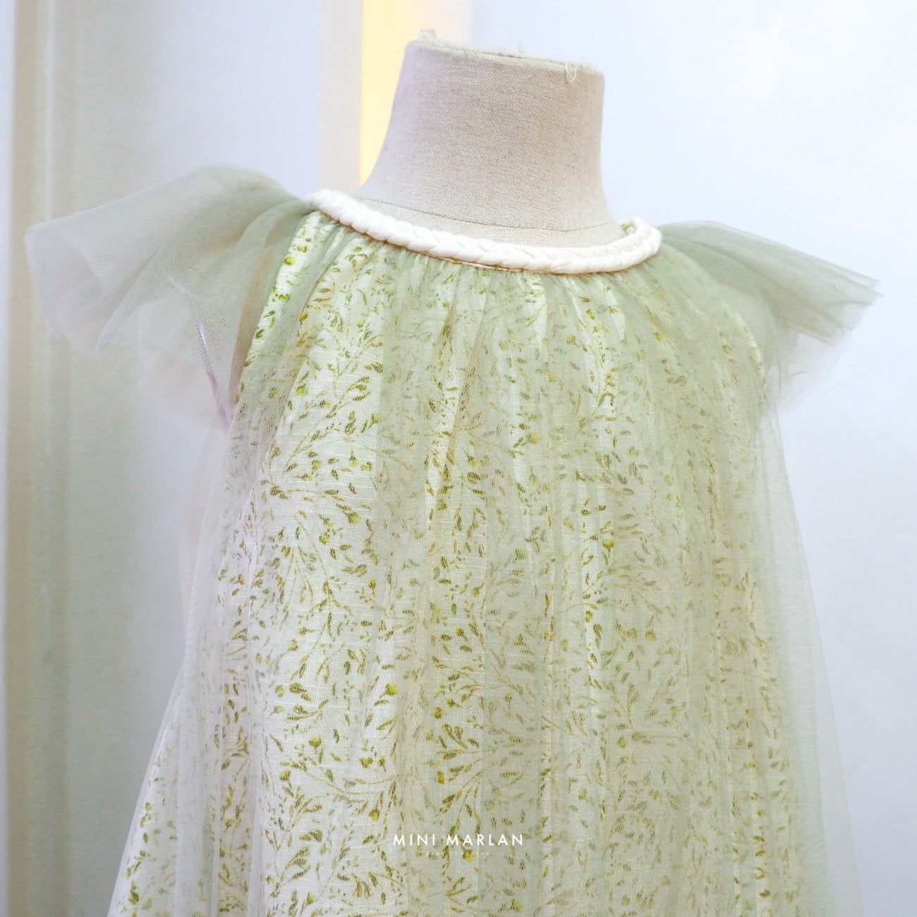Eden Tulle Girl Dress – Sage Leaf Motif Tulle & Linen Dress