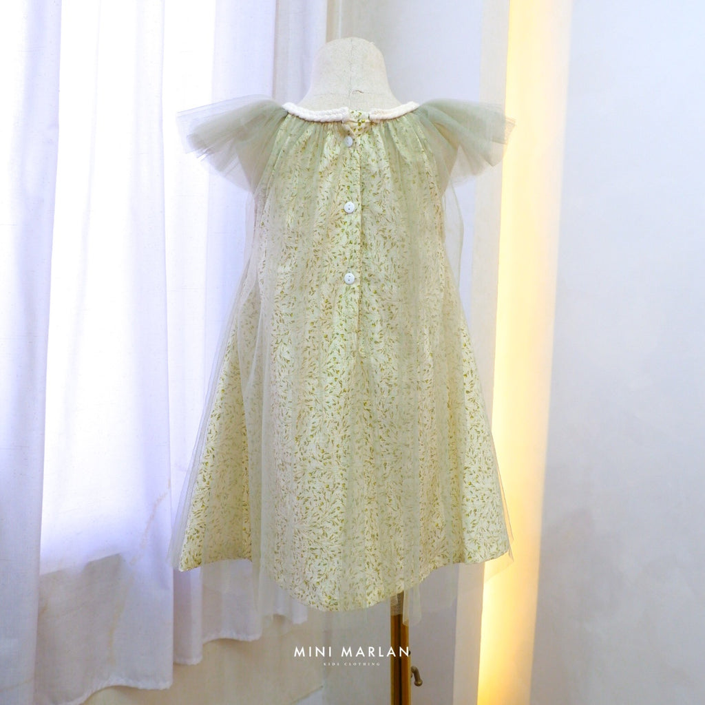 Eden Tulle Girl Dress – Sage Leaf Motif Tulle & Linen Dress