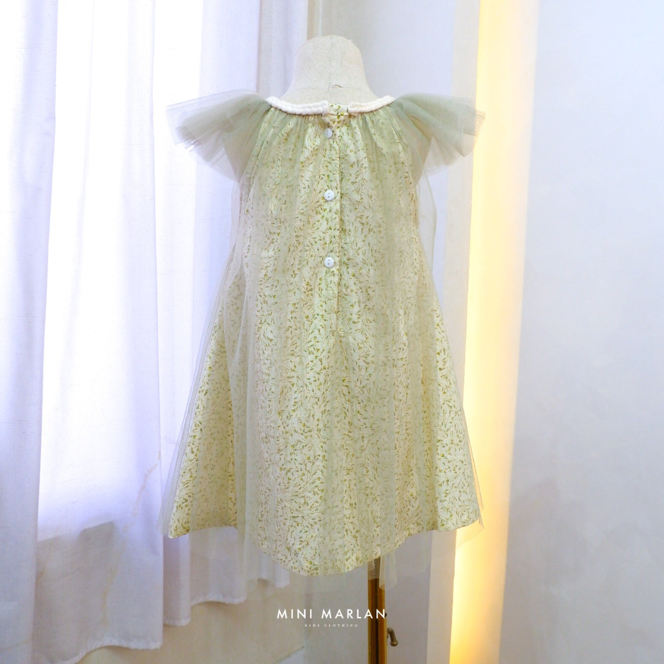 Eden Tulle Girl Dress – Sage Leaf Motif Tulle & Linen Dress