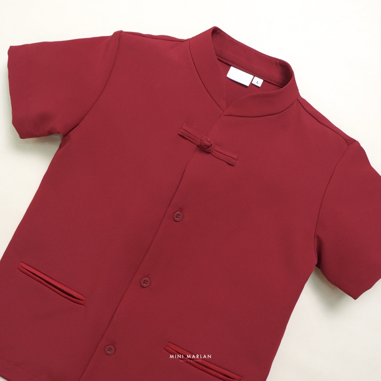Tulips Boy Cheongsam Top – Maroon Red Cotton Blend Mandarin Collar Top