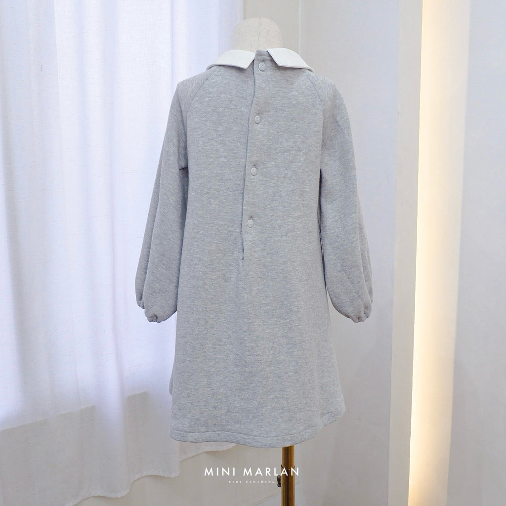 Claus Grey Knit Long Sleeve Dress – Soft Cotton Knit Embroidered Midi Dress