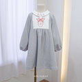 Claus Grey Knit Long Sleeve Dress – Soft Cotton Knit Embroidered Midi Dress