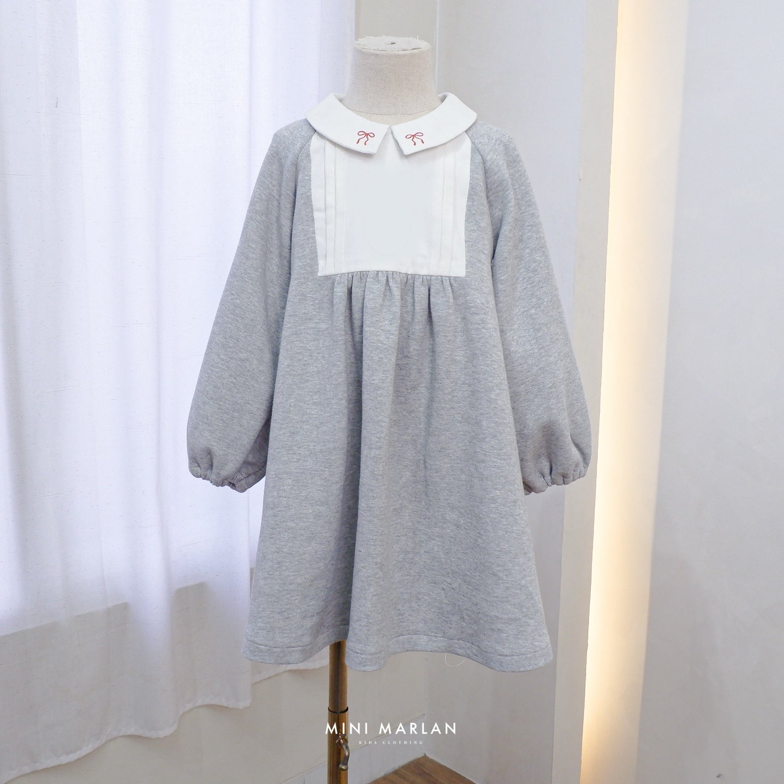 Claus Grey Knit Long Sleeve Dress – Soft Cotton Knit Embroidered Midi Dress