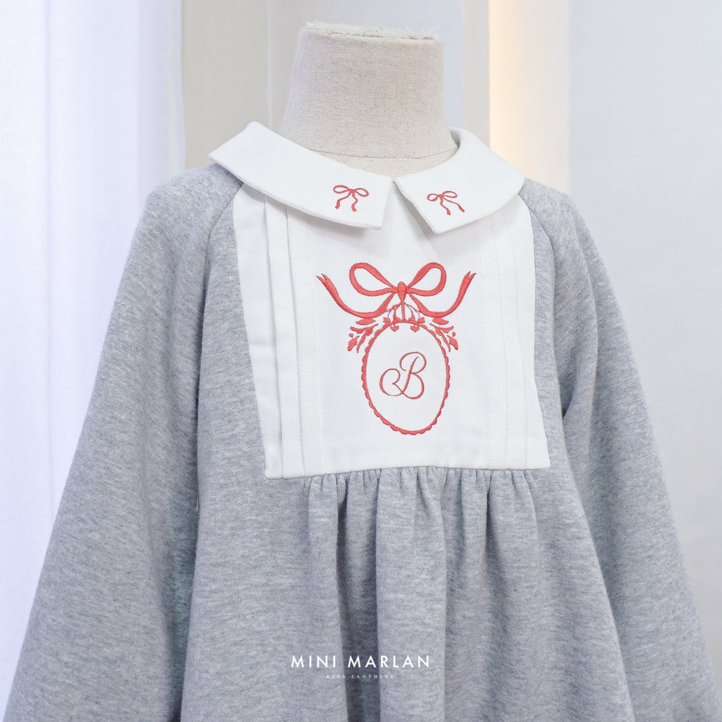 Claus Grey Knit Long Sleeve Dress – Soft Cotton Knit Embroidered Midi Dress