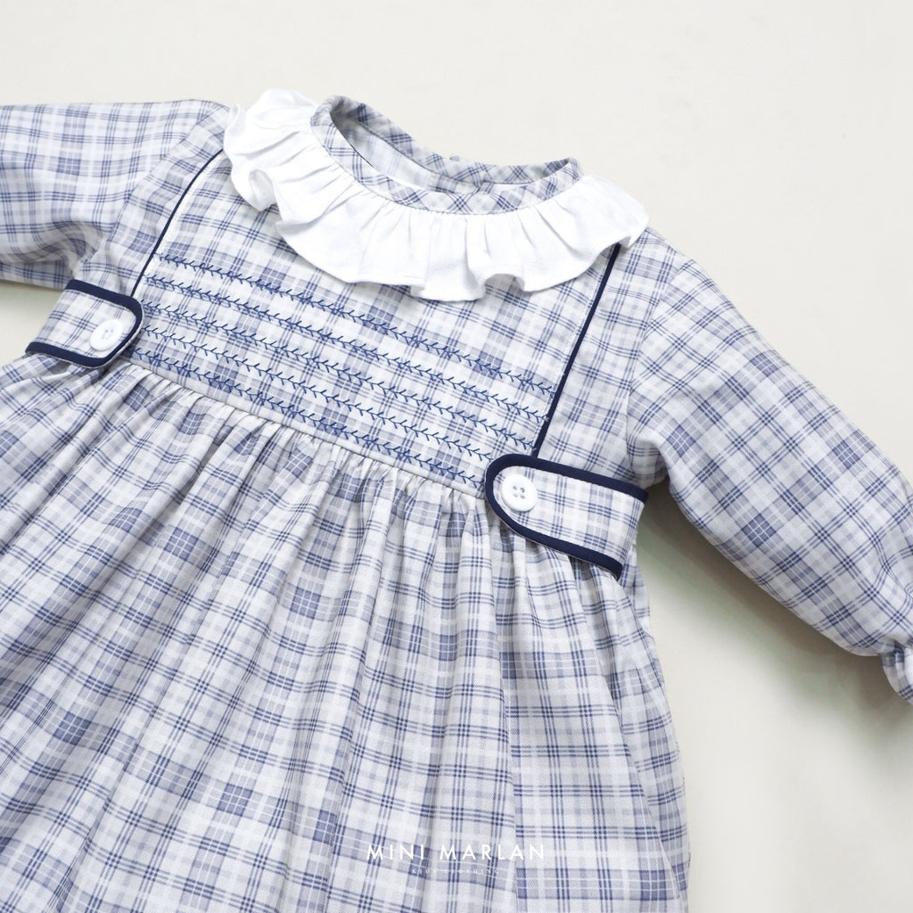 Asher Plaid Grey Baby Girl Romper – Cotton Embroidered Holiday Romper