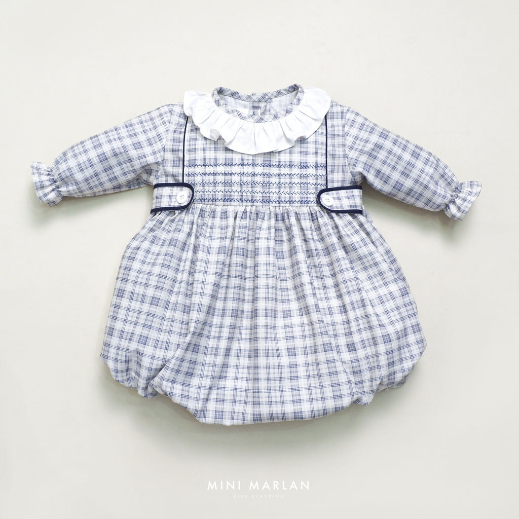 Asher Plaid Grey Baby Girl Romper – Cotton Embroidered Holiday Romper