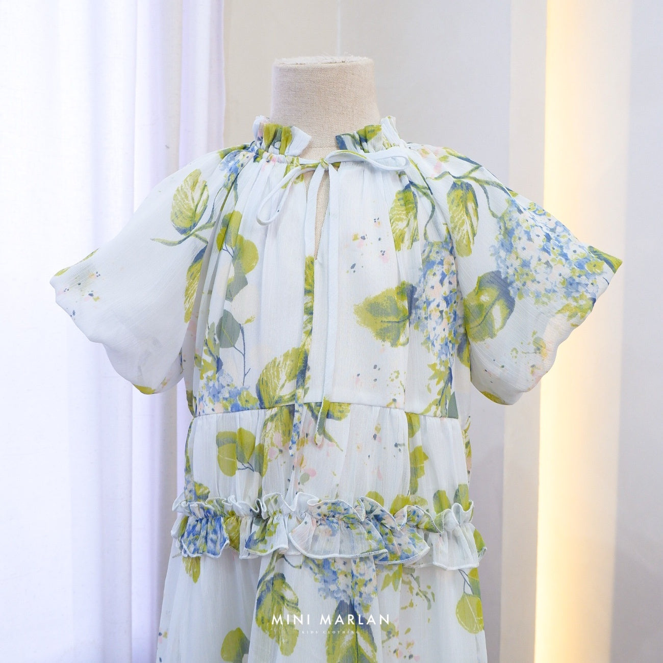Jill Girl Dress – Green Blue Sheer Printed Dress for Girls