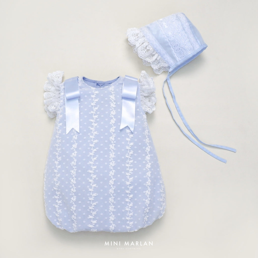 Celyn Blue Girl Romper – Lace Embroidered Baby Romper