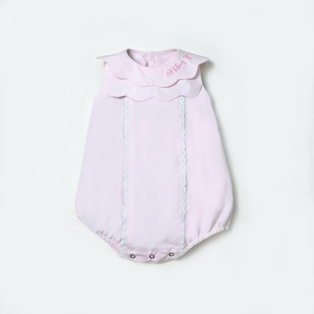Mirabelle Pink Romper – Tiered Scallop Romper