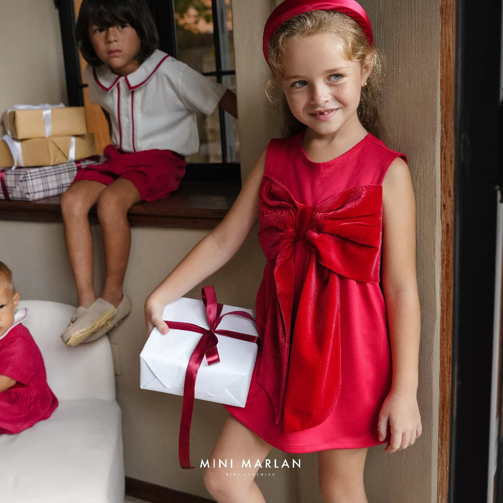 Noelle Red Bow Girl Dress – Sophisticated Festive Elegance
