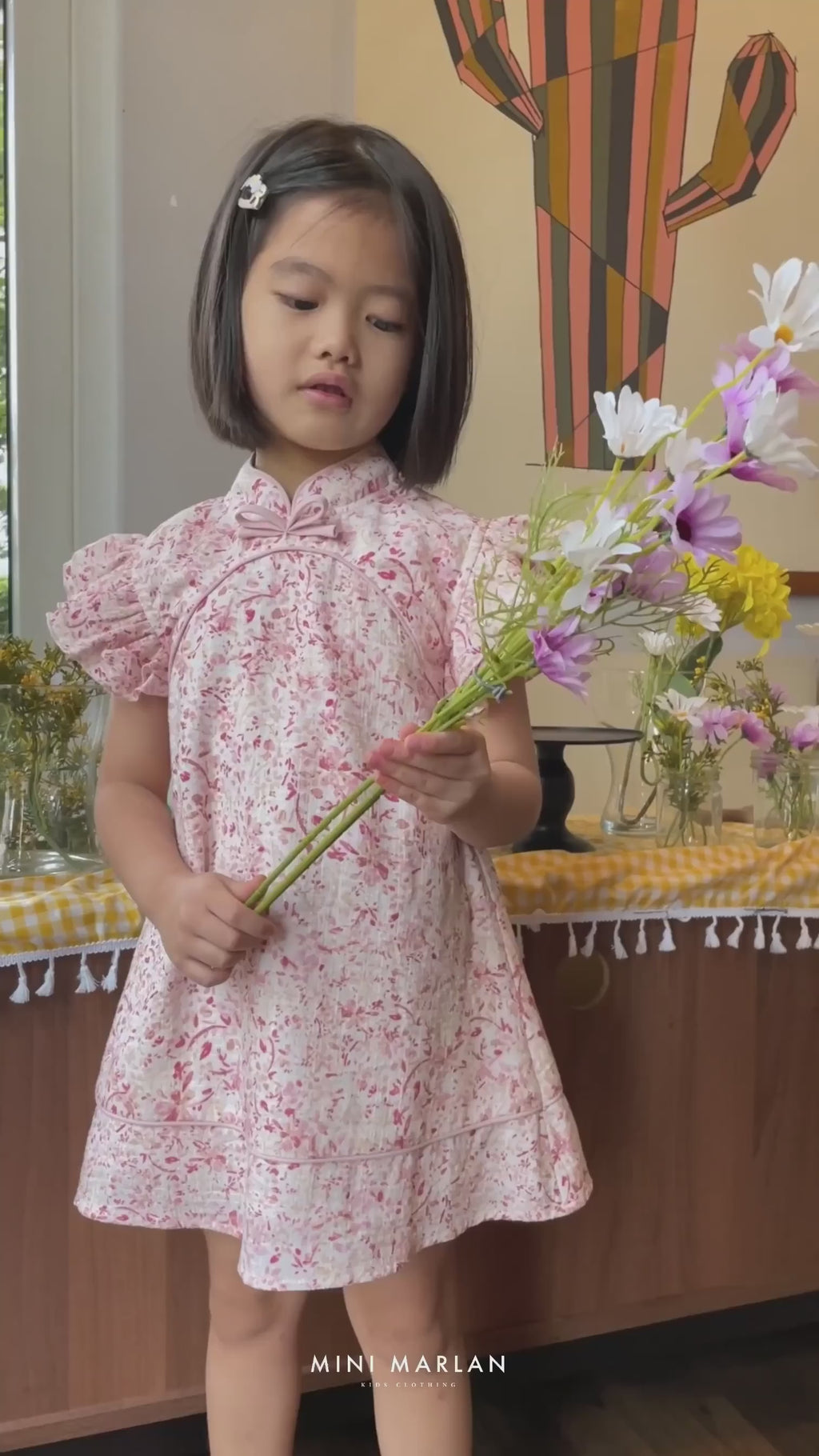 Cherry Blossom Girl Dress – Pink Floral Linen Slub Dress with Cotton Lining
