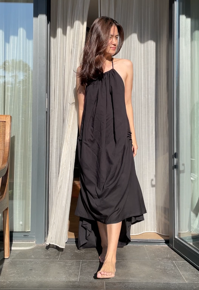 Alix Black Gathered Dress - Halter Neck Asymmetrical Cotton Dress